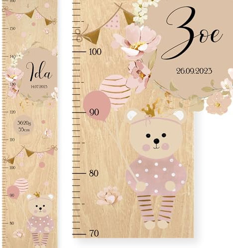 EmiliaLotte Personalisierte Kinder Messlatte Holz mit Wunschname & Daten I Messlatte Kinder 70-160 cm I Montessori Messlatte Kinder Holz - Teddy Rosa I Messlatten für Kinderzimmer