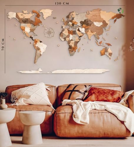Natura Products 3D Holzpuzzle Weltkarte – Wanddekoration aus Holz mit Kompass – [Klein 130x70 cm/Groß 200x110 cm] (130 x 70 cm)