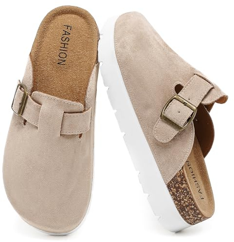 Plateforme Mules et Sabots Femme, Pantoufles Sabot Clogs Chaussons Cuir Liège Sandales- Antidérapants Semell