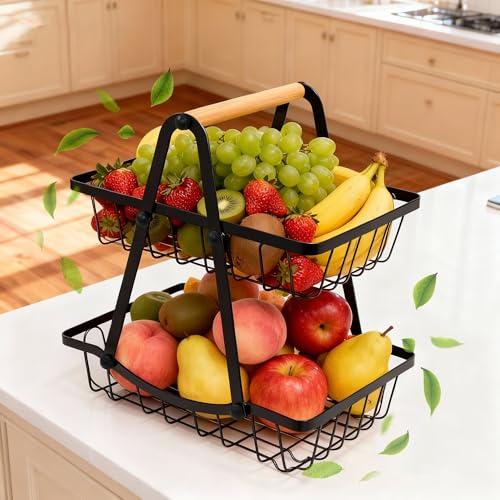 Yesaler Fruteros de Cocina 2 Pisos Desmontable Cesta de Frutas de 2 Niveles Resistente Cesta de Almacenamiento Soporte para Frutas para Verduras Aperitivos y Pan Negro