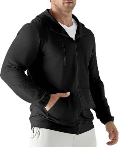 Jupmov Leichte Laufjacke Herren,Windbreaker Kapuzenpullover mit Reißverschluss Tasche Sport Hoodie Herren(Schwarz,XXL)