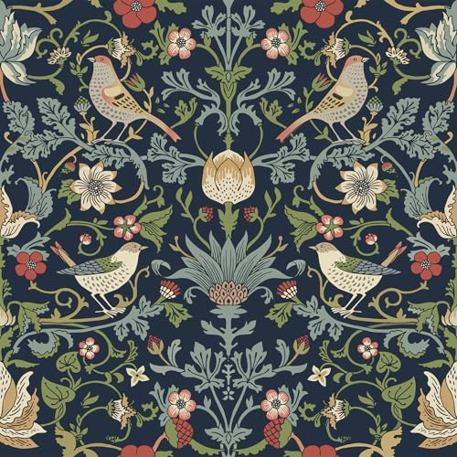 FunStick 44.5 cm x 9 m Wallpaper Tropical Leaves Birds Red Strawberry William Morris Flower Wallpaper Bathroom Dark Blue Adhesive Film Kitchen Cabinets Vintage Wallpaper Self-Adhesive Bedroom