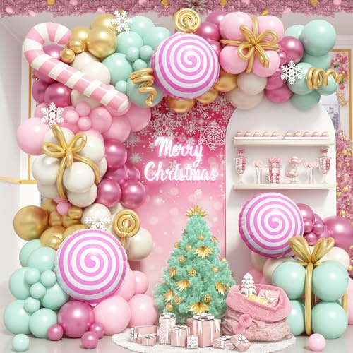 Froova Christmas Balloon Garland Arch Kit Pastel Pink Green Gold Latex Balloons Candy Cane Foil Balloons for Pink Candyland Christmas Decor Nutcracker Pastel Xmas Baby Shower Holiday Birthday Party