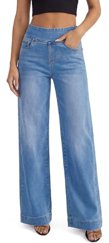 UCOOLYN Jean Femme Taille Haute, Jeans Larges Femmes avec Contrôle du Ventre Extensible Baggy Tendance Wide Leg Pantalon Droit en Denim avec Poches
