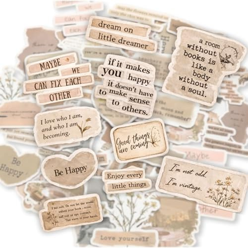 Mazo Moon 50 x Vintage Quote Stickers | Neutral Brown Aesthetic Scrapbook Stickers for Journals, Guitars, Laptops & Water Bottles | Retro Literary Word Stickers with Affirmations & Vintage Texture