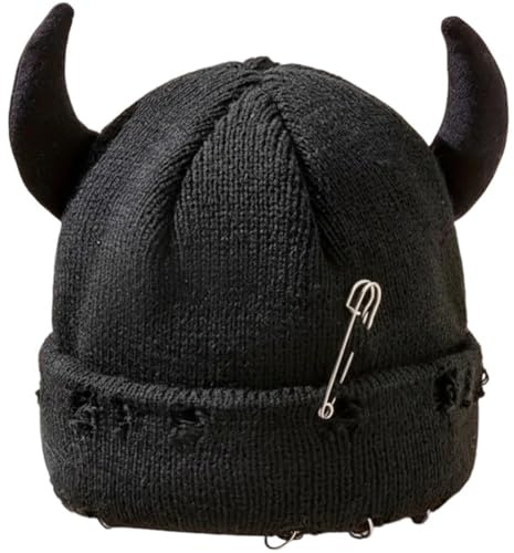 HiyyFloy Unisex-strickmütze, Strickmütze Teufelshörnern, Halloween-totenkopfmütze Im Used-Look, Lustige Hip-hop-mütze, Winddichte, Warme Wintermütze Für Damen Und Herren