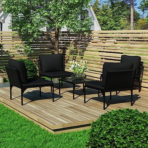 QJBSAVVA 5-TLG. Garten-Lounge-Set Schwarz 60x70x65 cm mit dicken Auflagen, pulverbeschichtetem Stahl und PVC-Draht, modernes Design und platzsparend für Balkon Terrasse Camping