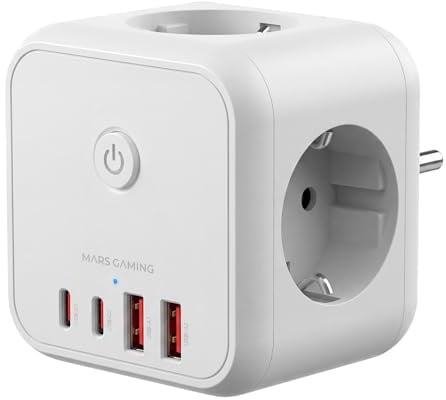 Mars Gaming MD-CUBE20, Powercube Multifunción Compacto, 3X Enchufes SCHUKO + 2X USB-C + 2X USB-A, Carga Rápida PD 20W, Tecnología GAN, Botón ON/Off con Indicador LED, 9 Protecciones, Blanco