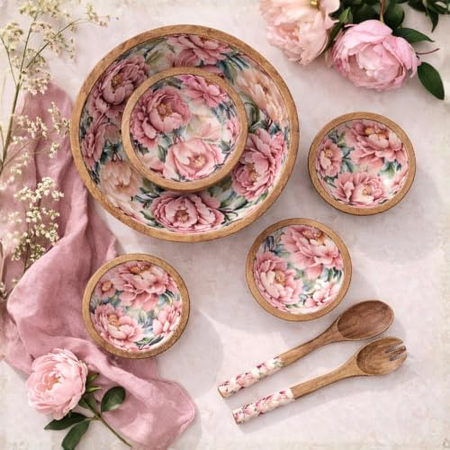 Große Salatschüssel, 4 Holzschälchen & Besteck im Rosen-Design - Servierset aus Holz für Salat