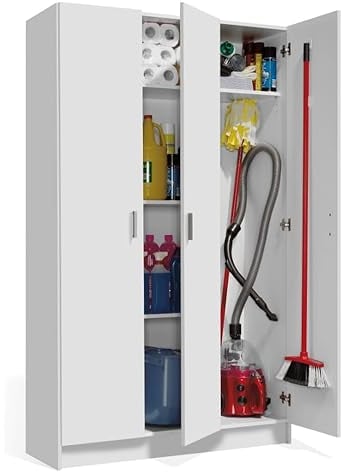 VITA - 3 Door Broom Cupboard Kitchen Utility Room Modular Cleaning Cabinet (H: 180cm x W: 109cm x D: 37cm) (White)