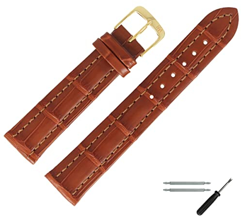 MARBURGER Uhrenarmband 18mm Leder Braun Gold Alligator (Lousiana) Prägung Mit Naht - Montage Set 8321835000220