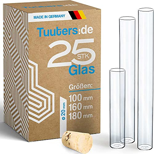 Tuuters 25x Flachboden-Gläser Reagenzglas mit Korken (Hellbraun) Verpackung Gastgeschenke (180 x Ø 20 mm)