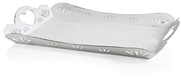 MONTEMAGGI Vassoio Rettangolare in Ferro Bianco Anticato Smerlato. Decorato e con Manici a Cuore. in Stile Shabby. Dimensioni: 42x30x5 cm