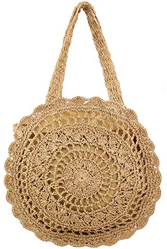 FiveloveTwo Womens Ladies Lightweight Handmade Handbag Large Crochet Shoulder Summer Bag Straw Beach Shopper Clutch Top Handle Tote Bags and Purse Light Brown