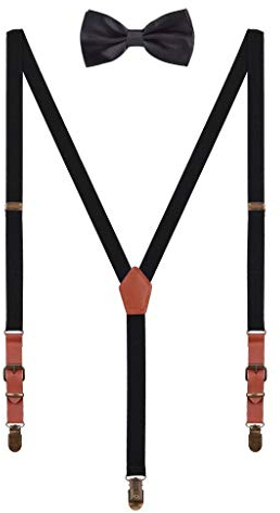 WANYING 2cm Hosenträger Fliege Sets | Retro PU Leder 3 Messingartige Clips Y Form Hosenträger Elastisch Verstellbar für Körpergröße 140-190cm - Schwarz