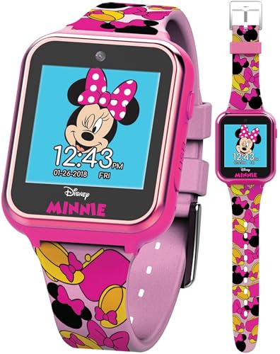Disney Minnie Mouse Interactive Kids Smartwatch – Touchscreen Watch with Camera, Games, Voice Recorder, Step Tracker, Alarm & Timer – Fun Minnie Design, USB Rechargeable – Fits Wrists 5.5 to 8
