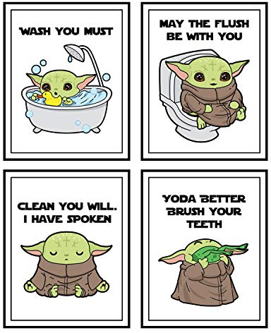 Silly Goose Gifts This Is The Way Bounty Hunter Badezimmer-Wandkunstdruck-Set – Baby-Yoda-Film-Thema, Badezimmer-Dekor, lustige Badezimmer-Erinnerungen, Zitate – Poster für Wände – 4er-Set (Baby Yoda)