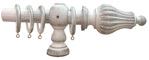 Anpassende Vorhangstange aus italienische Holz - Durchmesser 35 mm, Manuell Bewegung, mit Ringen, Modelle und Überlaufformen Antik - Farbe: Weiß/Silber - 300 CM