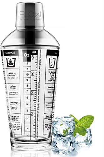Flow Glass Cocktail Shaker, este juego de coctelera de cristal incluye un vaso de medición de cóctel integrado y recetas de cócteles todo en uno