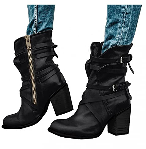 Binggong Damen Stiefeletten Biker Boots Stiefel mit Absatz Damen Klassische Stiefeletten Frauen Schuhe Blockabsatz Herbst Winter Bequeme Schuhe Schnallen Worker Boots Schnürstiefelette