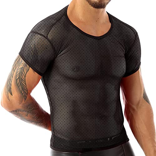 Hombres Ver a través de Manga Corta Malla Camisetas Rejilla Ajustada Camisas Muscle T-Shirts Negro XL