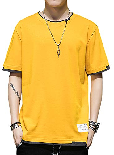 GIJOVANA T-Shirt pour Homme Coupe Large Chemise à Manches Courtes Contrast Tee Shirt Plusieurs Couleurs Disponibles(Jaune,S)