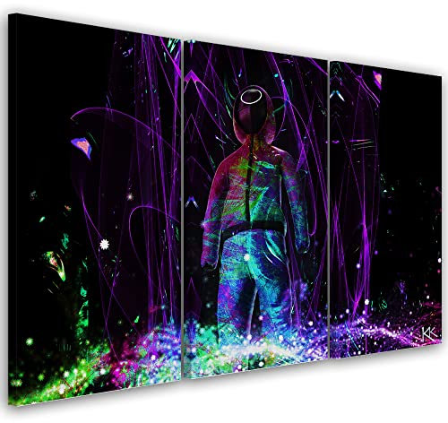 Feeby 3 pièces Impression sur toile 120x80 cm Pour Gamers Jeux Gaming Tableau Moderne Tableau Photo Chambre à Coucher Enseignes lumineuses Personne en bleu de travail Abstraction violet