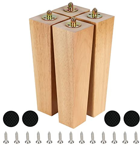 CtopoGo Lot de 4 Pieds de Meuble carrés en Bois Massif avec boulons pré-percés, vis et Coussinets en Caoutchouc. (10/ 25cm, Naturel)