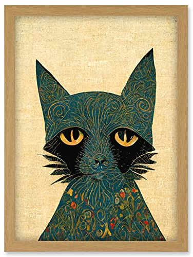 Doppelganger33 LTD William Morris Style Floral Blue Cat Artwork Framed Wall Art Print A4