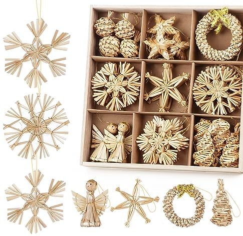 36er Set Strohsterne Christbaumschmuck, Handgemacht Weihnachtsbaum Deko mit Natürlichen Akzenten - Stroh Christbaum Anhänger weihnachtsbaumschmuck in Verschiedenen Varianten