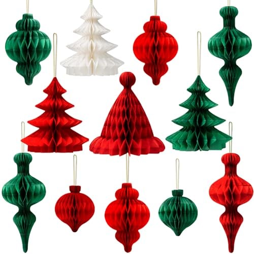 YBwanli weihnachtsdeko innen,weihnachtsdeko Tisch,weihnachtsdekoration Kugeln rot grün,papiersterne Weihnachten,12Stück,Weihnachtsbaum wabenbälle deko,neuartig und wiederverwendbar
