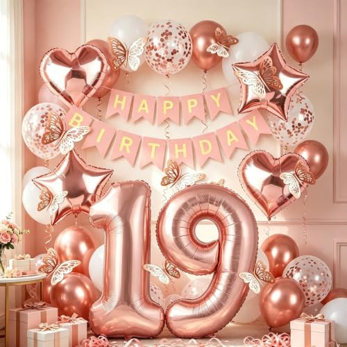 19th Birthday Decorations for Girls, Rose Gold 40 Inch Number 19 Foil Birthday Balloons with Happy Birthday Banner and Butterfly Stickers