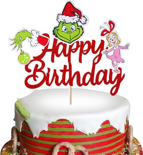 1 Stück Grinsen Happy Birthday Tortendeko Weihnachten Happy Birthday Kuchen Deko Merry Christmas Cake Topper für Grinches Weihnachten Thema Geburtstag Baby Dusche Party Kuchen Dekorationen Rot