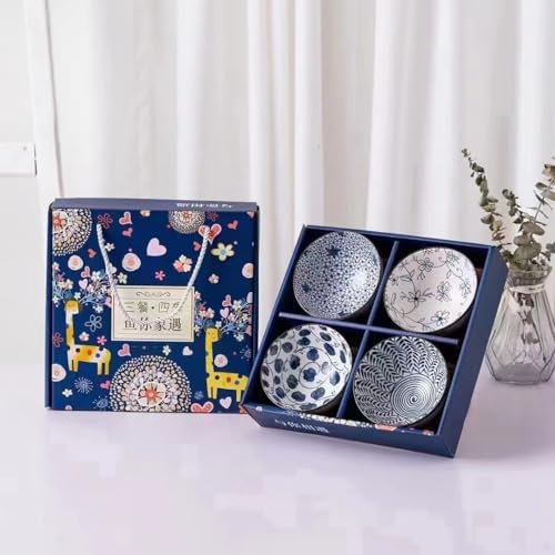 electromax Keramik-Servierschalen, chinesische Reisschale mit Geschenk-Box, japanische Keramikschalen, Porzellan-Servierschalen für Reis, Suppe, Dessert, Snack, 300 ml, 4-teiliges Set, blaue Keramik)
