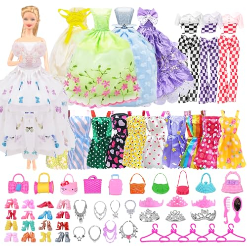 61 Stück Kleidung und Zubehör für Puppen, Puppenkleidung, Enthält 13 Kleider, 1 Set Oberteil und Hosenanzüge, 10 Paar Schuhe, 26 Accessoires für 11,5/30cm Mädchen Puppen (Zufälliger Stil)