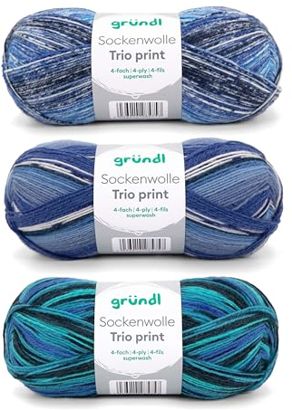 Gründl Lana per calzini Trio – Filato per 3 paia di calzini – Resistente e delicato sulla pelle – 75% lana vergine, 25% poliammide, 3 gomitoli da 100 g/420 m, spessore ferri 2,5 – 3 – blu verde