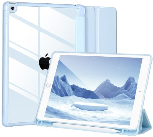 Case Compatible with iPad 9/8/7th Gen 10.2’’ 2019/2018/2017,Case for iPad 10.2 inch Shockproof Hard Shell Clear Cover with Pencil Holder,Auto Wake/Sleep,Blue