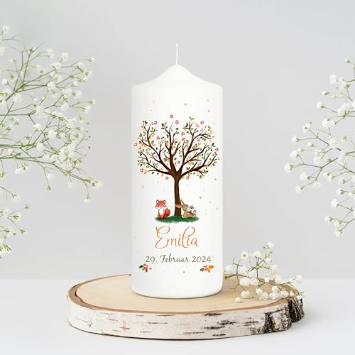 Wandtattoo Loft Patenkerze Junge Motiv Baum mit Hase und Fuchs, 18cm x 7cm, personalisierte Kerze, bedruckte Kerze zur Taufe, Stumpenkerze, individuelles Taufgeschenk