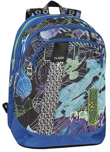 COMIX FLASH - Zaino Scuola, Zaino Scuola Media e Superiore, con 2 Ampi Spazi, Capiente Tasca Frontale, Chiusura a Zip, Spallacci Imbottiti e Regolabili, con LED; 32x43Hx23 cm, 31 L, Club Wave