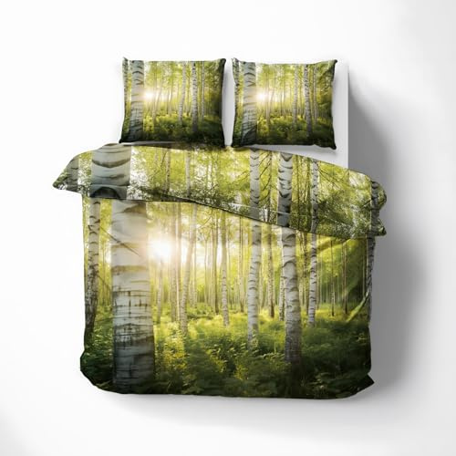 QEODAH Wald Bettwäsche 155x220 - Birke Bettbezug 155x220 3 Teilig - Wendebettwäsche & 2 Kissenbezug 80x80 cm - Weiche Mikrofaser Bettwäsche-Sets mit Reißverschluss - Schlafzimmer Bett Deko