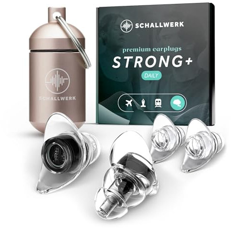 Schallwerk ® Strong+ Daily - unauffällige Gehörschutz Ohrstöpsel – dämpfen Lärm & erhalten Tonqualität – Ohrenstöpsel transparent - Earplugs geeignet für Musik, Festival, Arbeit & Lernen