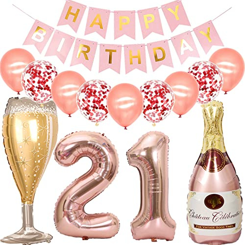 Feelairy Luftballon 21. Geburtstag Deko Frau, Rosegold Folienballon Weinflasche Sektflasche Helium Ballon Champagner Flasche, Girlande Happy Birthday Deko für Geburtstagsdeko 21 Jahre Frauen