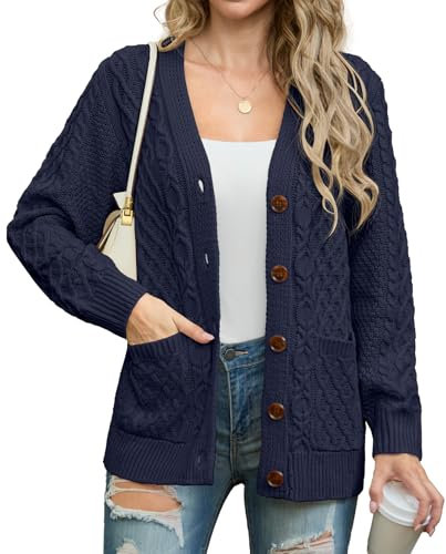 GRECERELLE Womens Cardigans Knit Ladies Long Sleeve Button Down Oversized Aran Cable Knitted Jumper Cardigan Knitwear with Pockets (Navy Blue,L)