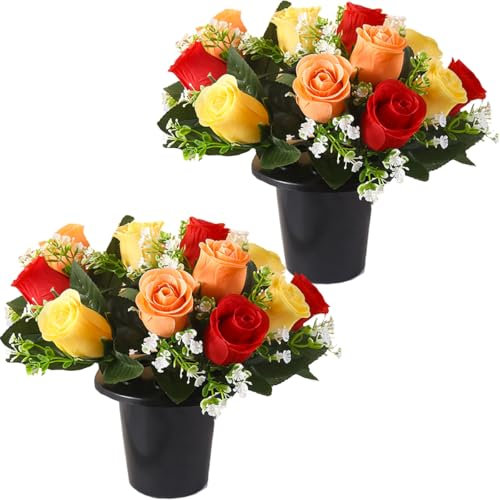 Etomvoop 2pcs Grave Flower In Pot 12 Heads Real Like Artificial Rose Fake for Funeral UV Resistant Floral with Black Pots for Outdoor Memorial Grave Cemetery Christmas Home Decoration