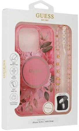 CG MOBILE Guess Magsafe IML Hartschale mit Blumen-Design und Perlenband für iPhone 16 Pro