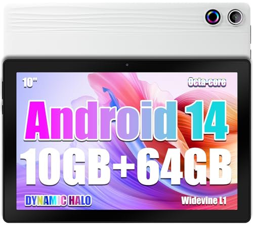 Tablette 10 pouces Android 14 Tablette Octa-Core Tablette, Widevine L1 10 Go + 64 Go + 1 To TF, WiFi 6 BT 5.3 Batterie 5000 mAh, Transmission OTG, Déverrouillage du visage, Prise casque Type C (Blanc)
