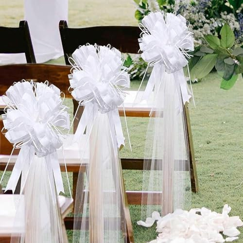 WANYIG 4 Stück Autoschmuck Autoschleifen Hochzeit Schleifenband Geschenkschleifen Stuhlschleife mit 4X Tüll Hochzeitsdeko Auto Schmuck für Hochzeit Geburtstag Weihnachten Party Deko (Weiß, 4 Stück)