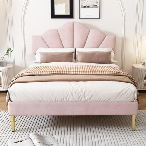 Hodeffior Plush Velvet Fabric Double Bed, King Platform Bed Frame with Height Adjustable Headboard, Metal Legs Wood Slat Support Double Bed Frame for Girl Bedroom, 150cm x 200cm,Rose