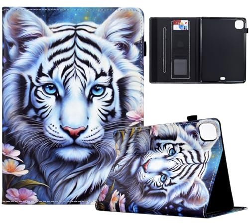 TEDTIKJT Custodia per iPad Air 11 (2024) Cover/iPad Pro 11 Cover/iPad Air 4th/5th Gen (2020/2022）Tablet Cover Libro PU Pelle con Supporto Custodia Flip Protezione Custodia,Tigre Bianca