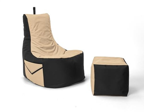 Nadimaideal Gaming Sitzsack XXL mit Hocker für Kinder, Teenager & Erwachsene | Indoor & Outdoor | Bodenkissen - Sessel - Beanbag bereits gefüllt | Füllung EPS Perlen (Beige, Zweifarbig)